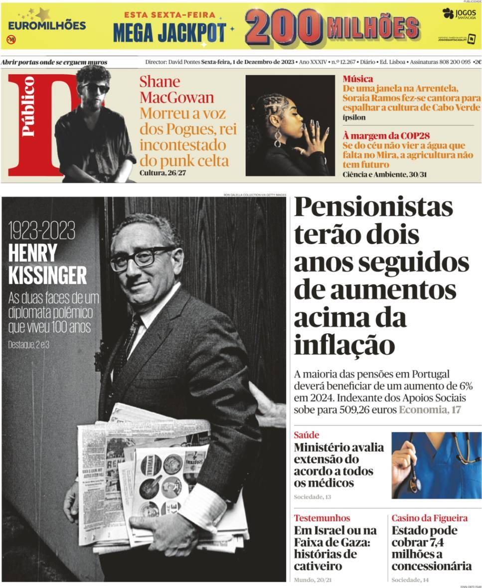 P&uacute;blico: Capa da Edi&ccedil;&atilde;o de sexta-feira, 01 de dezembro 2023