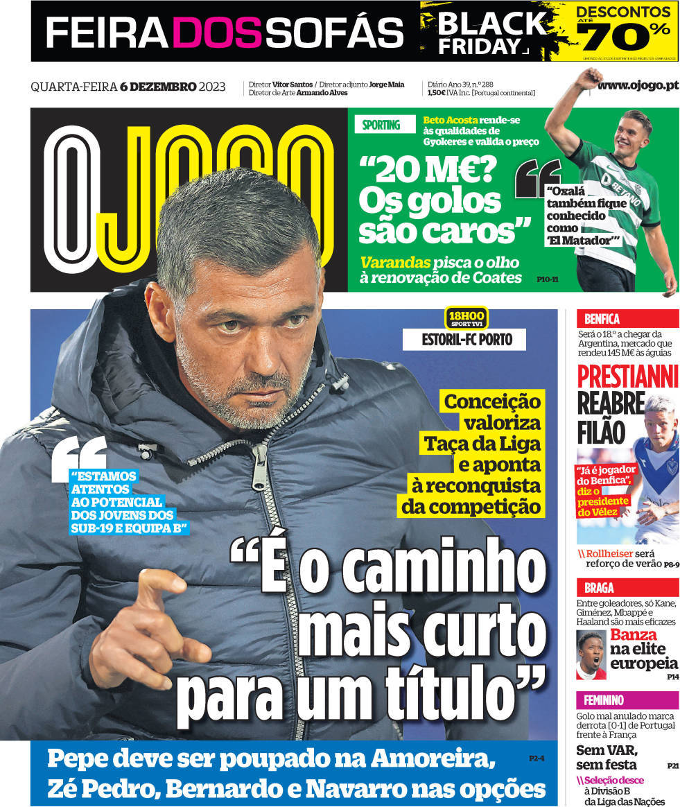 O Jogo: Capa da Edi&ccedil;&atilde;o de quarta-feira, 06 de dezembro 2023