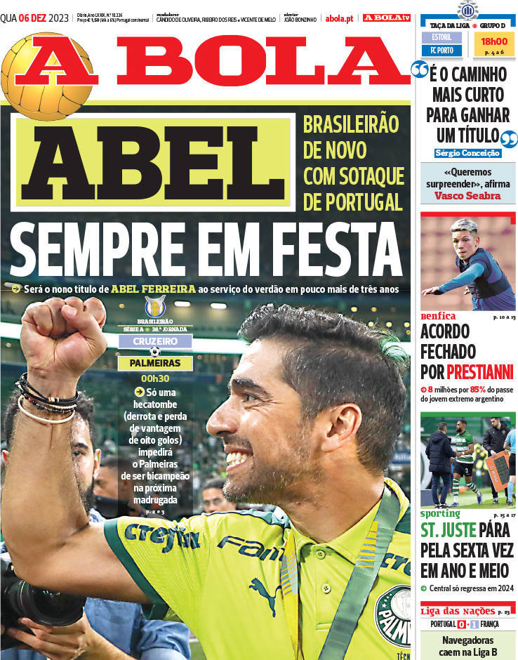 A Bola: Capa da Edi&ccedil;&atilde;o de quarta-feira, 06 de dezembro 2023