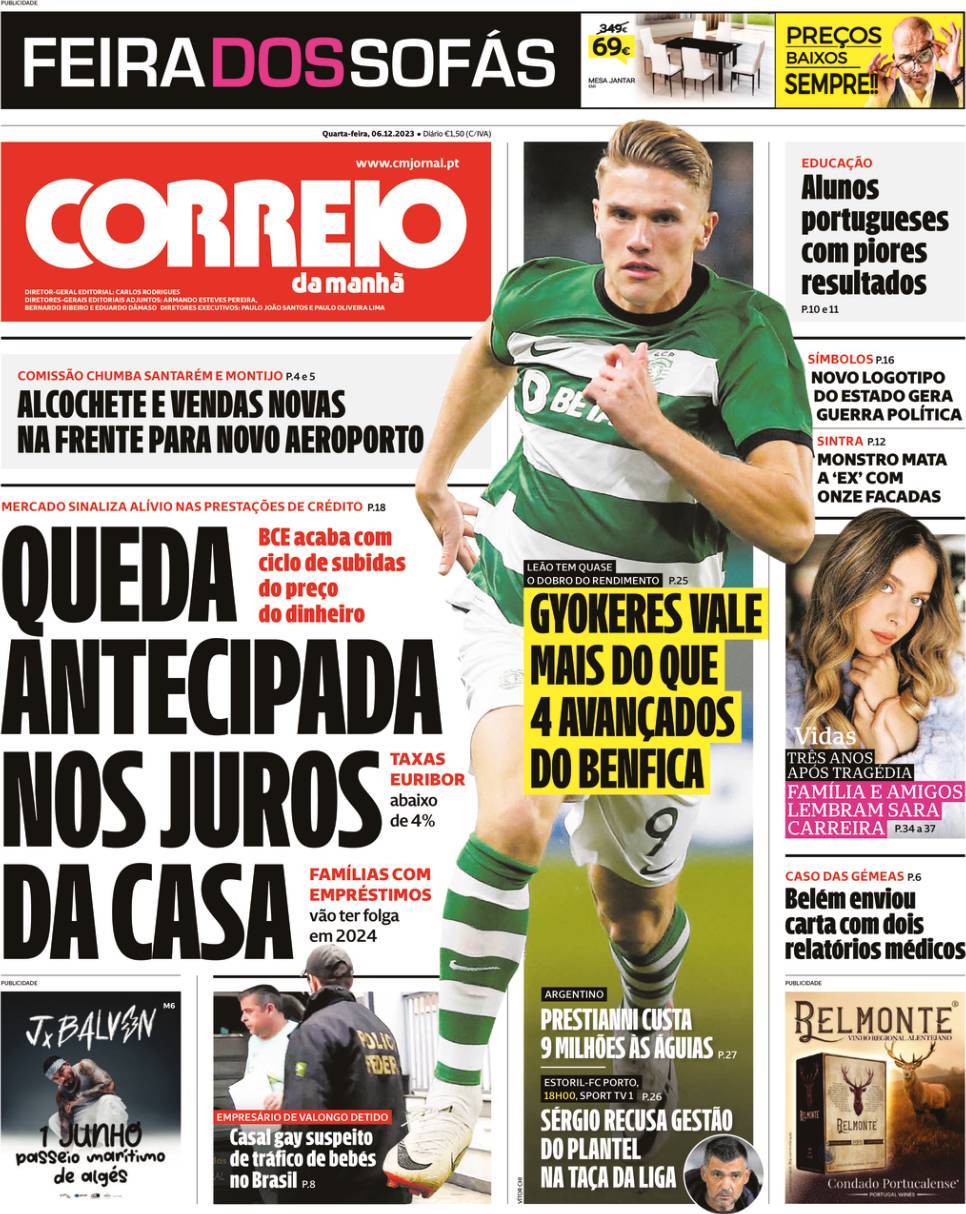 Correio da Manh&atilde;: Capa da Edi&ccedil;&atilde;o de quarta-feira, 06 de dezembro 2023