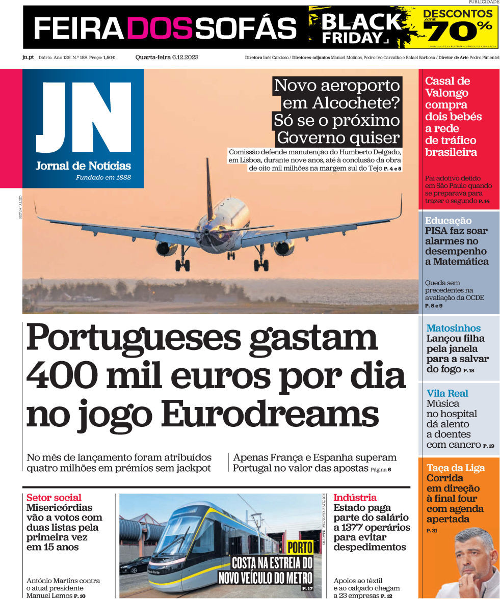 Jornal de Not&iacute;cias: Capa da Edi&ccedil;&atilde;o de quarta-feira, 06 de dezembro 2023