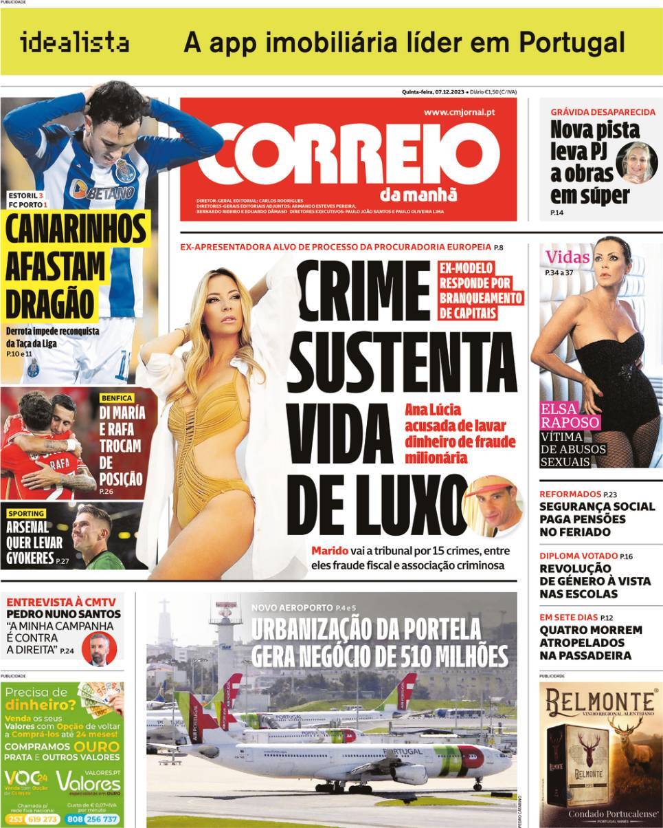 Correio da Manh&atilde;: Capa da Edi&ccedil;&atilde;o de quinta-feira, 07 de dezembro 2023