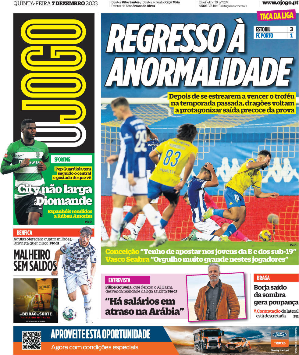 O Jogo: Capa da Edi&ccedil;&atilde;o de quinta-feira, 07 de dezembro 2023