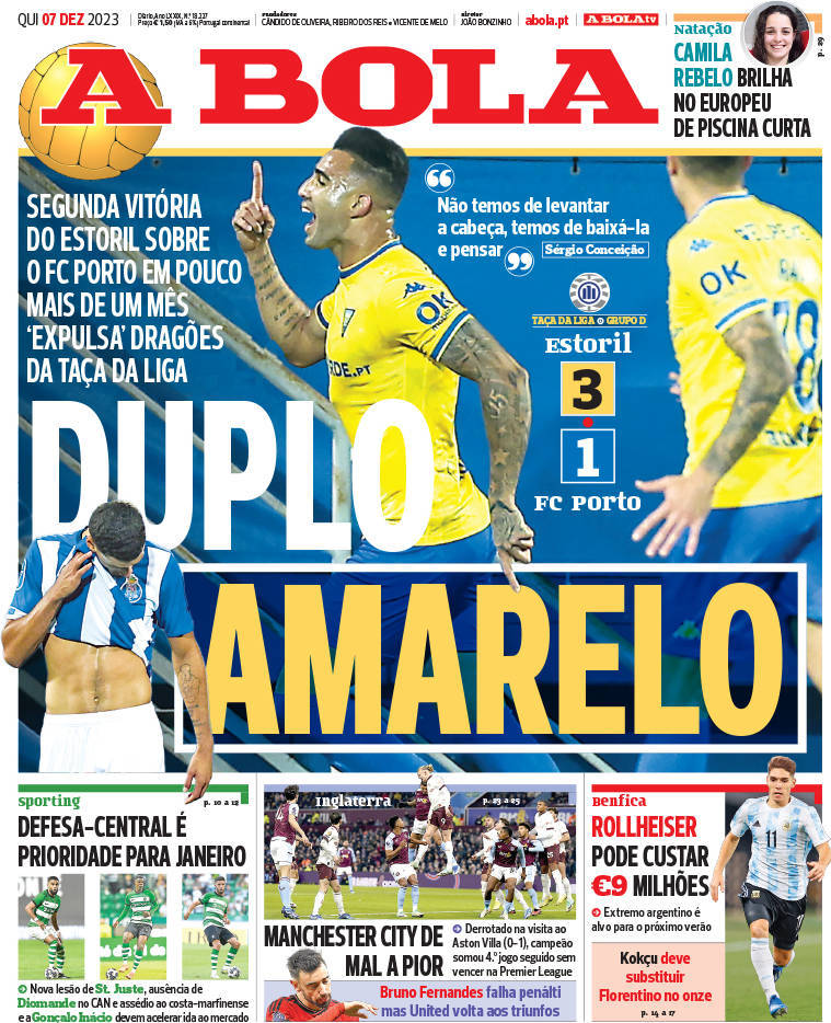 A Bola: Capa da Edi&ccedil;&atilde;o de quinta-feira, 07 de dezembro 2023