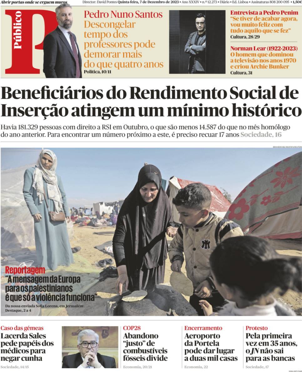 P&uacute;blico: Capa da Edi&ccedil;&atilde;o de quinta-feira, 07 de dezembro 2023