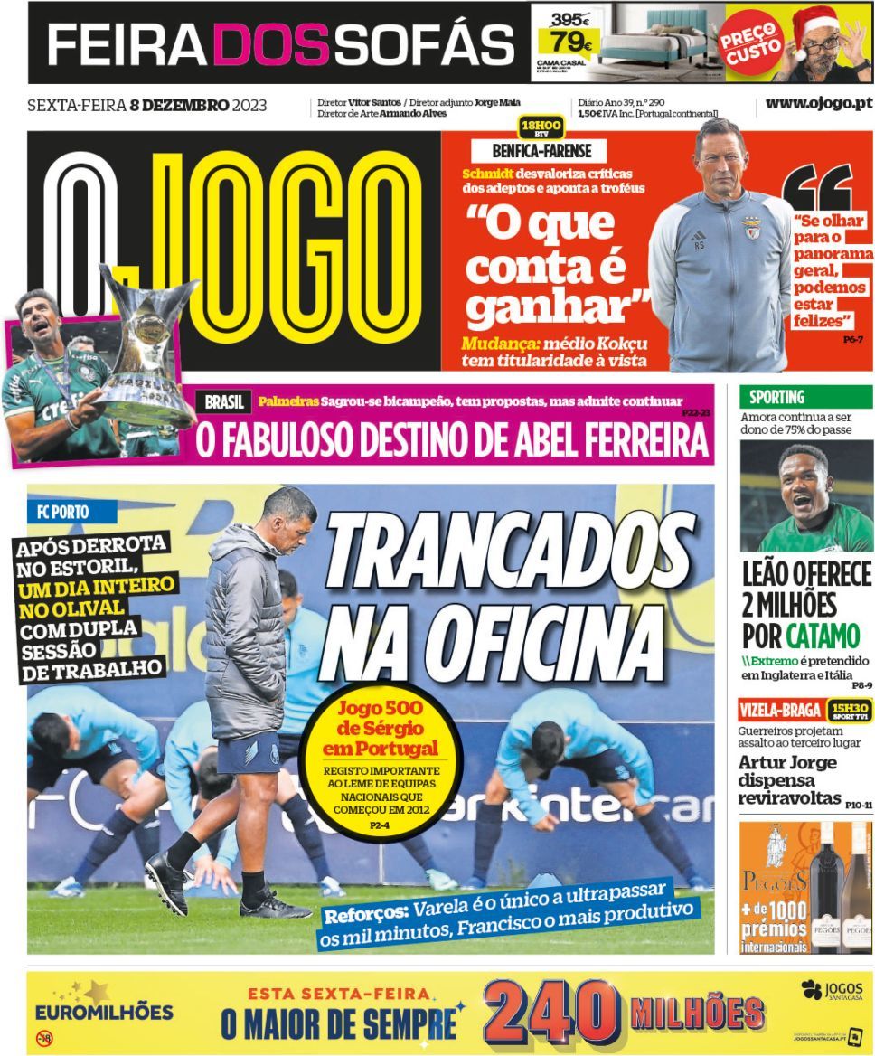 O Jogo: Capa da Edi&ccedil;&atilde;o de sexta-feira, 08 de dezembro 2023