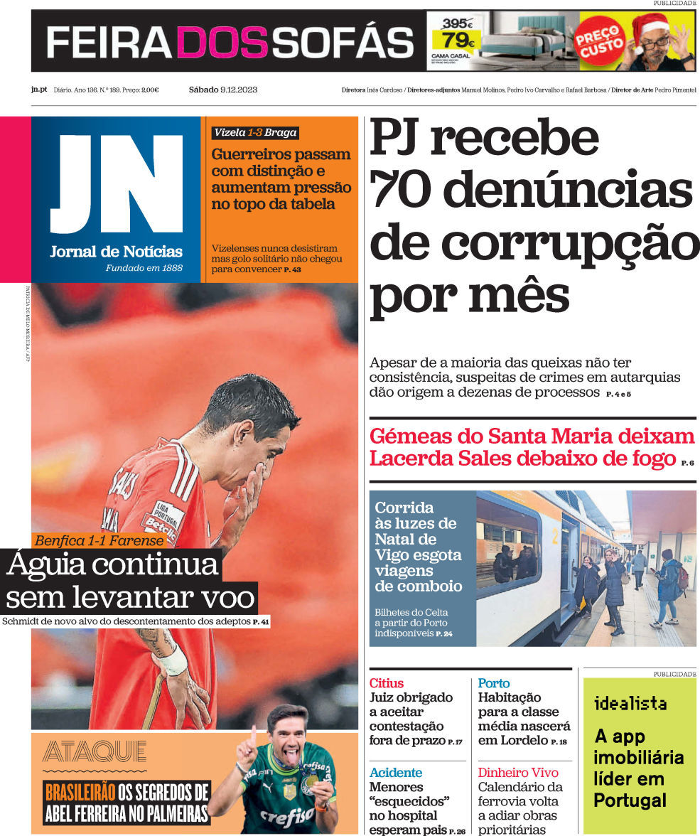 Jornal de Not&iacute;cias: Capa da Edi&ccedil;&atilde;o de s&aacute;bado, 09 de dezembro 2023