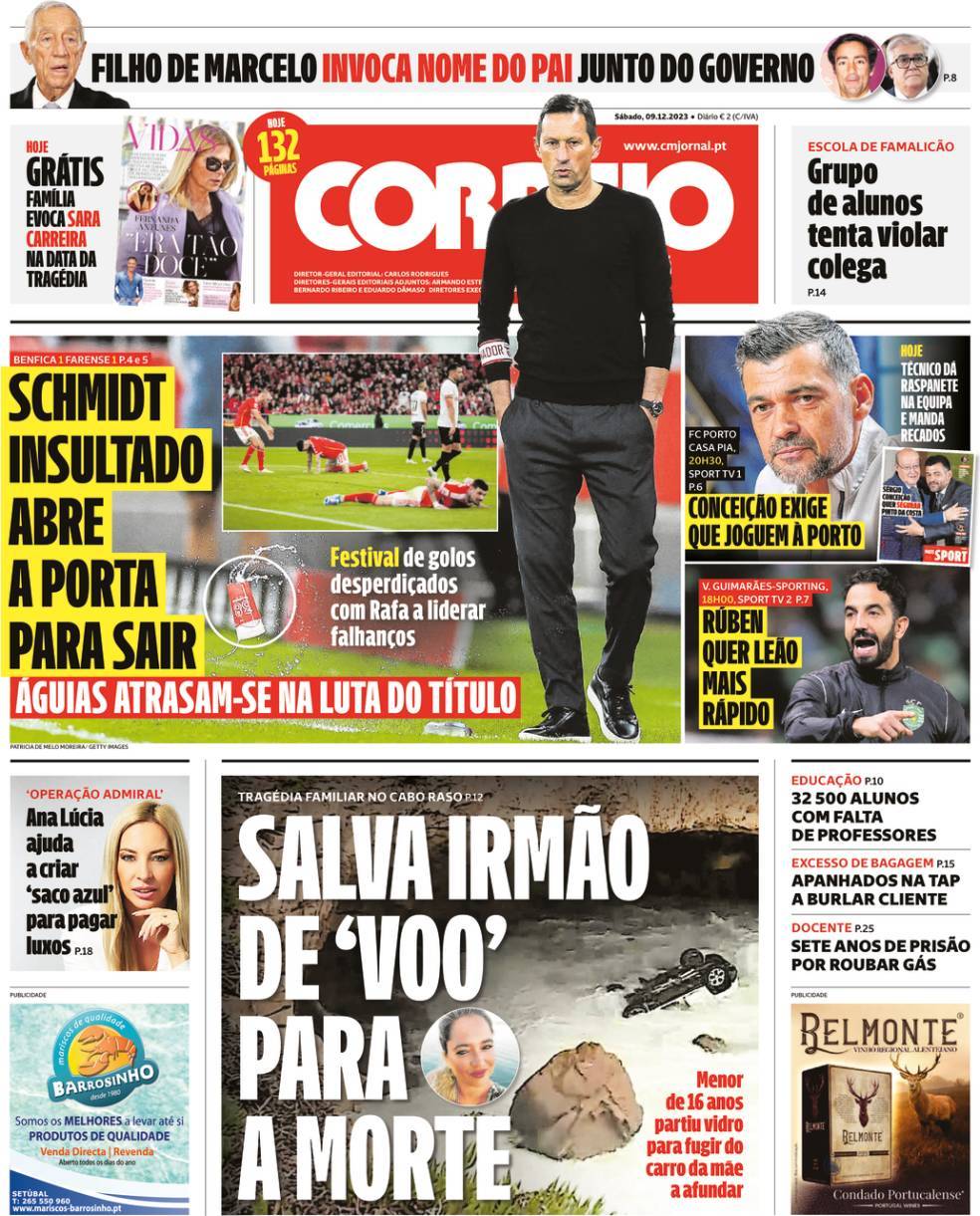 Correio da Manh&atilde;: Capa da Edi&ccedil;&atilde;o de s&aacute;bado, 09 de dezembro 2023