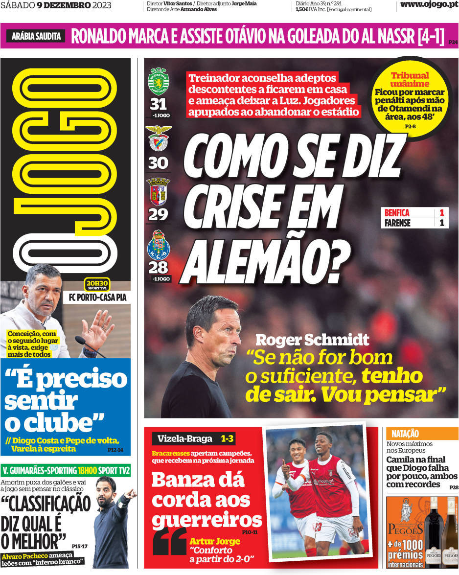 O Jogo: Capa da Edi&ccedil;&atilde;o de s&aacute;bado, 09 de dezembro 2023
