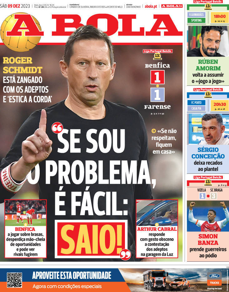 A Bola: Capa da Edi&ccedil;&atilde;o de s&aacute;bado, 09 de dezembro 2023