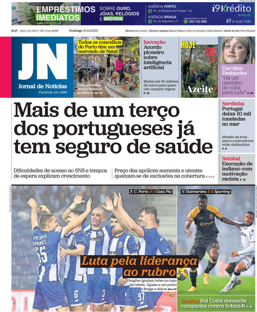 Jornal de Not&iacute;cias: Capa da Edi&ccedil;&atilde;o de domingo, 10 de dezembro 2023