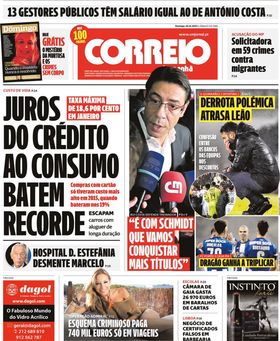 Correio da Manh&atilde;: Capa da Edi&ccedil;&atilde;o de domingo, 10 de dezembro 2023