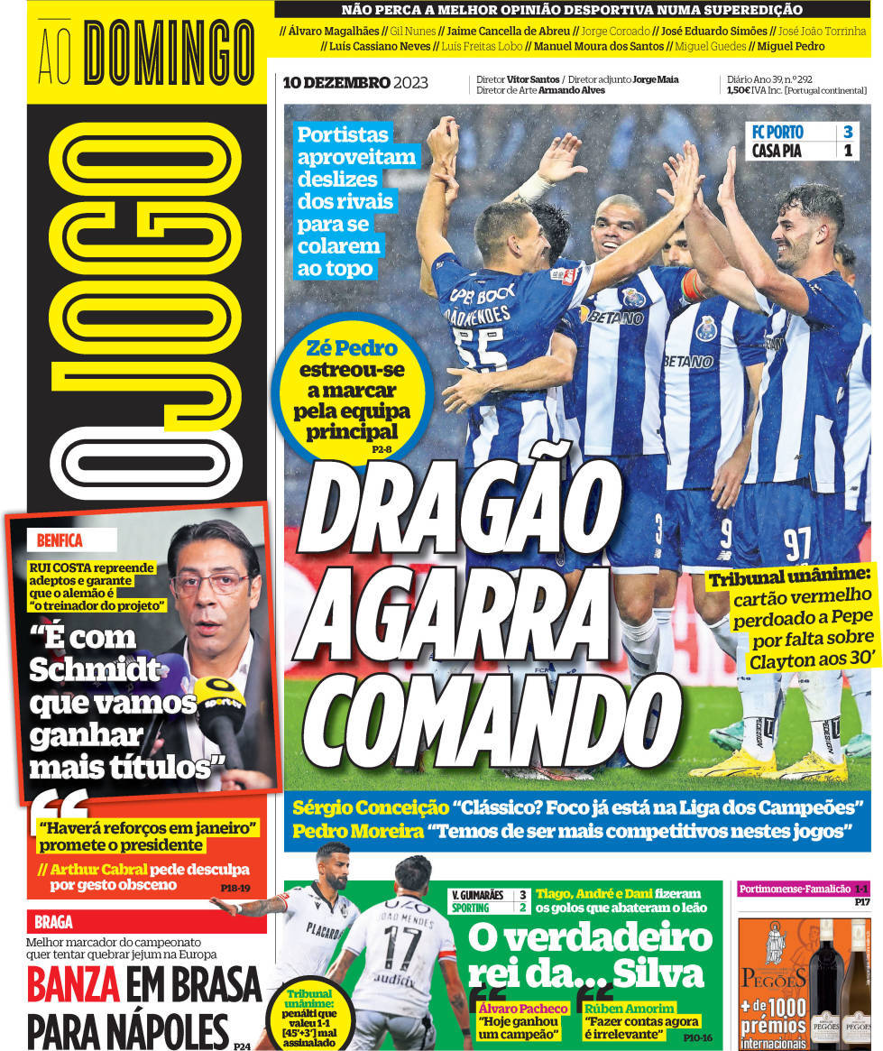 O Jogo: Capa da Edi&ccedil;&atilde;o de domingo, 10 de dezembro 2023