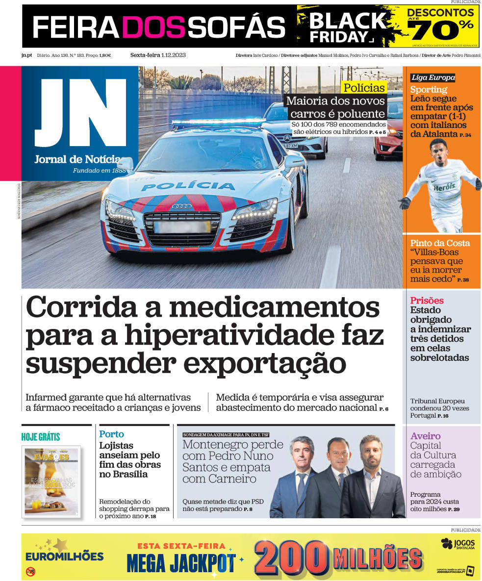Jornal de Not&iacute;cias: Capa da Edi&ccedil;&atilde;o de sexta-feira, 01 de dezembro 2023