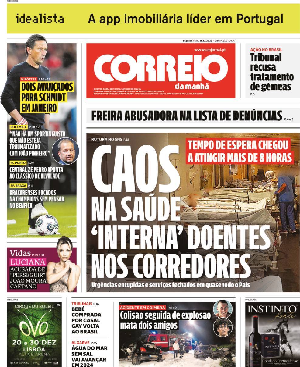 Correio da Manh&atilde;: Capa da Edi&ccedil;&atilde;o de segunda-feira, 11 de dezembro 2023