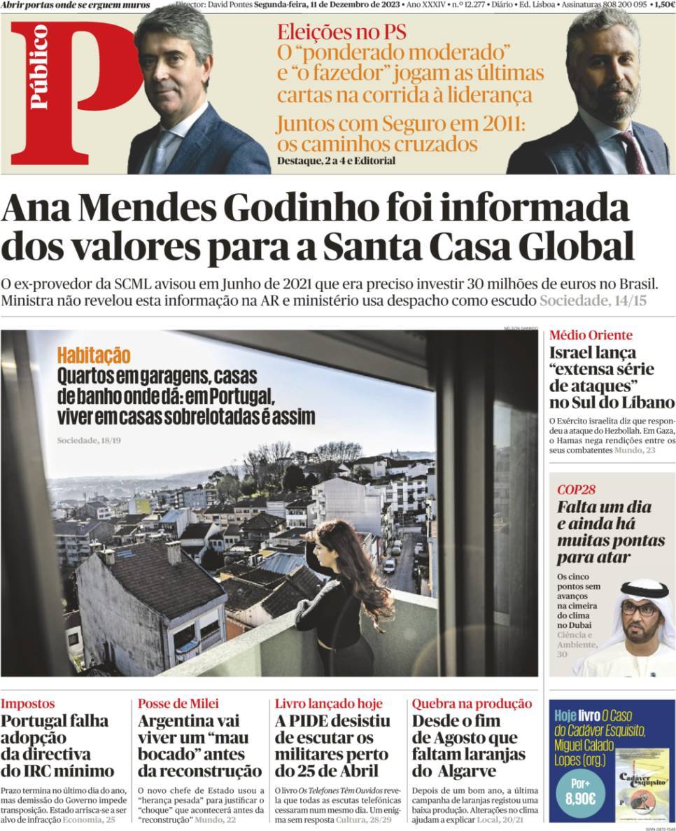 P&uacute;blico: Capa da Edi&ccedil;&atilde;o de segunda-feira, 11 de dezembro 2023