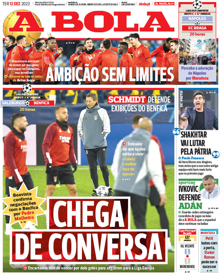 A Bola: Capa da Edi&ccedil;&atilde;o de ter&ccedil;a-feira, 12 de dezembro 2023