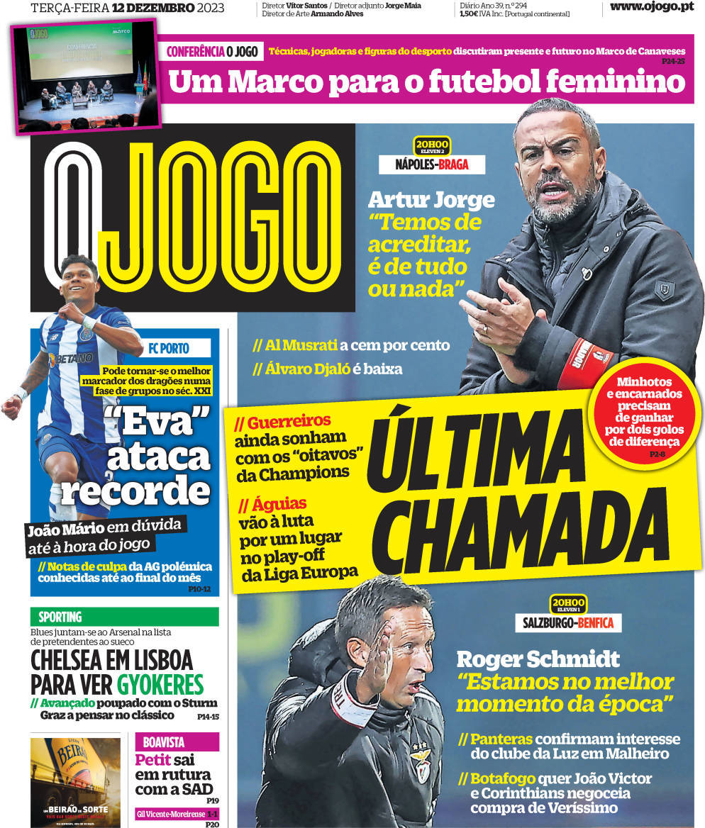 O Jogo: Capa da Edi&ccedil;&atilde;o de ter&ccedil;a-feira, 12 de dezembro 2023