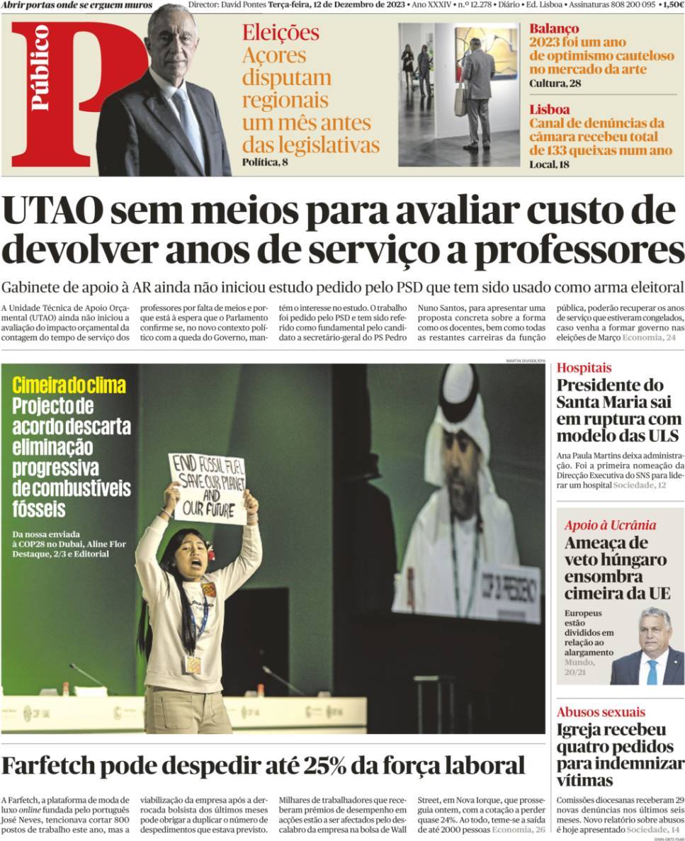 P&uacute;blico: Capa da Edi&ccedil;&atilde;o de ter&ccedil;a-feira, 12 de dezembro 2023