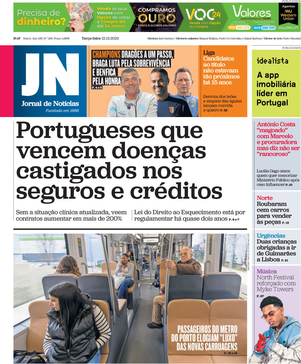 Jornal de Not&iacute;cias: Capa da Edi&ccedil;&atilde;o de ter&ccedil;a-feira, 12 de dezembro 2023