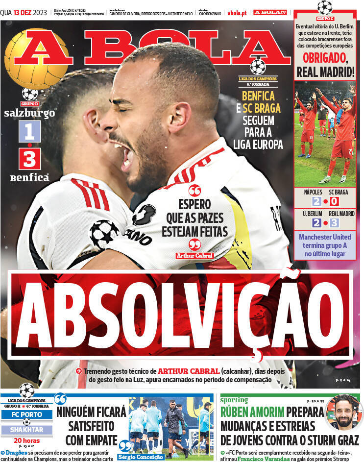 A Bola: Capa da Edi&ccedil;&atilde;o de quarta-feira, 13 de dezembro 2023