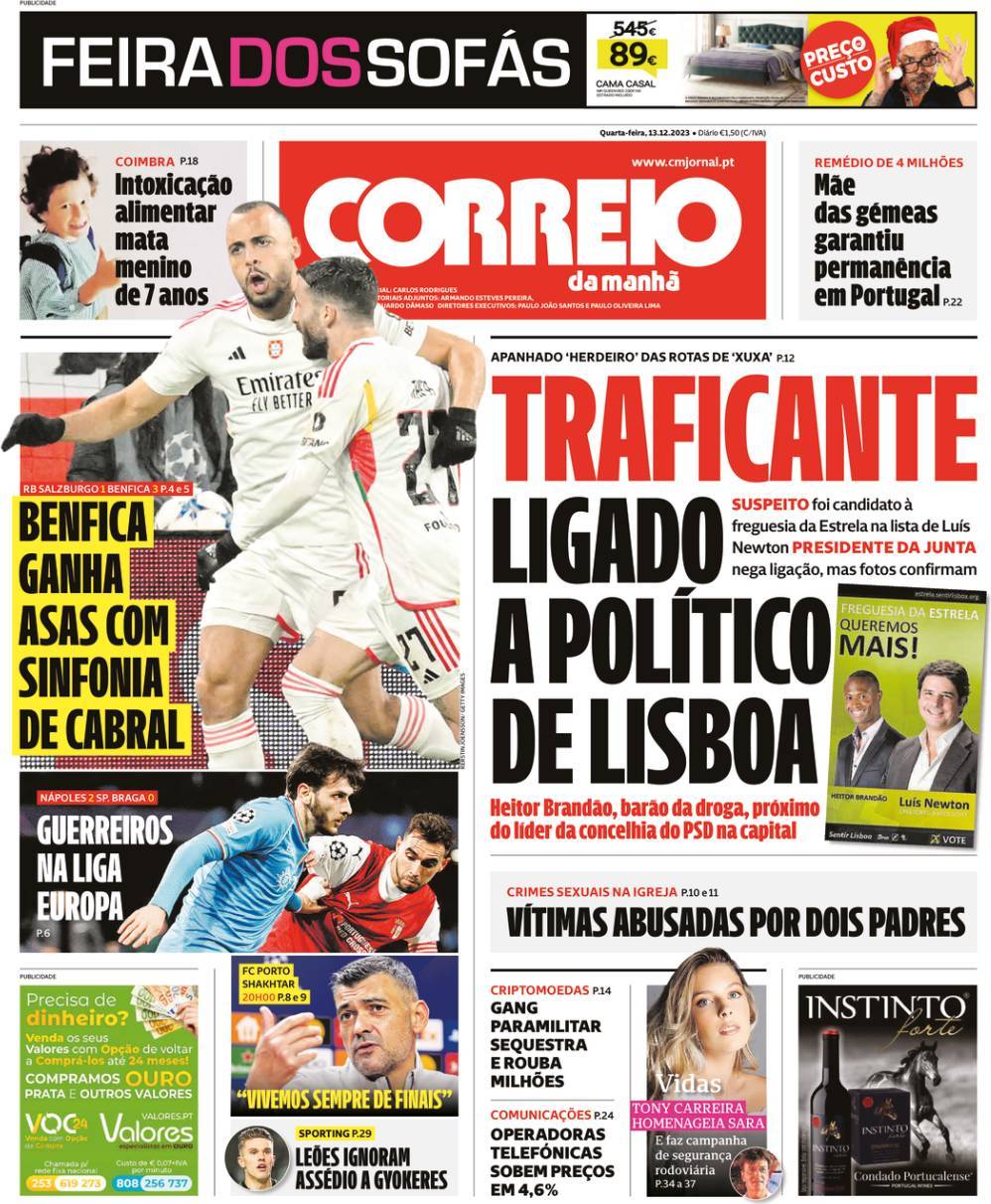 Correio da Manh&atilde;: Capa da Edi&ccedil;&atilde;o de quarta-feira, 13 de dezembro 2023