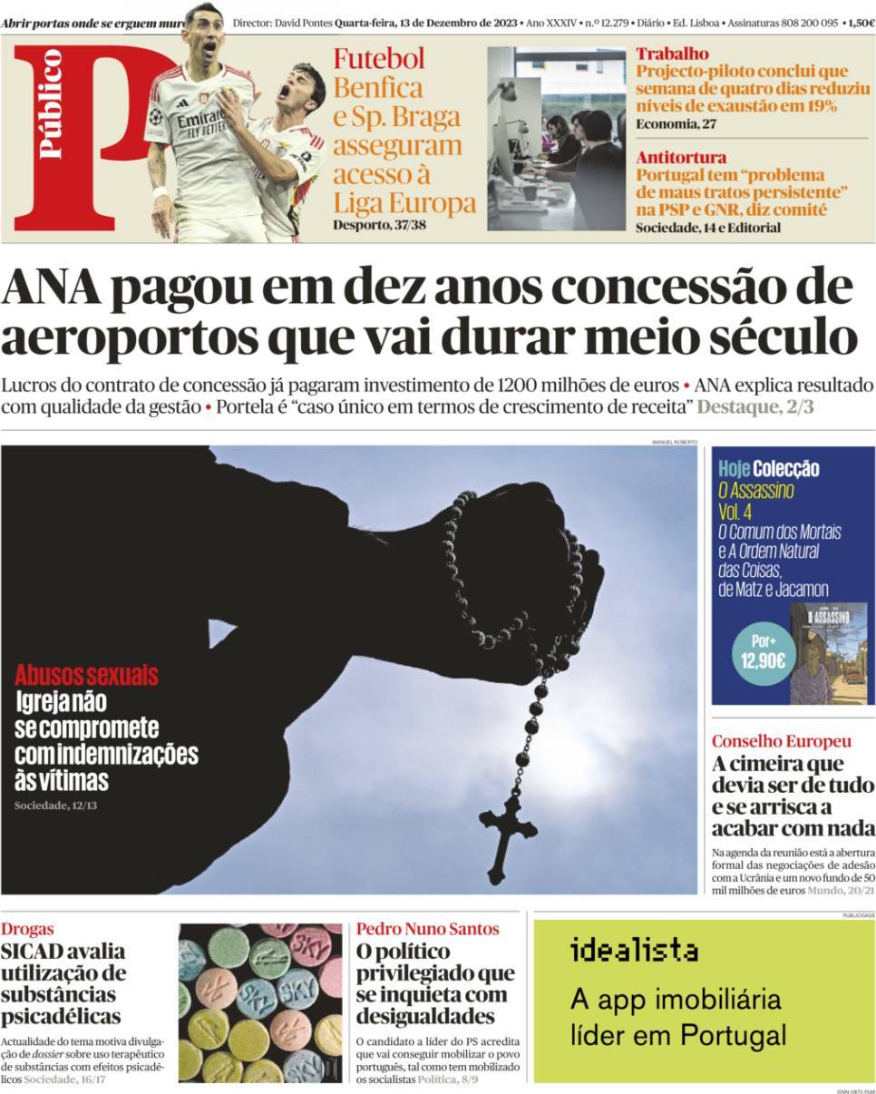 P&uacute;blico: Capa da Edi&ccedil;&atilde;o de quarta-feira, 13 de dezembro 2023