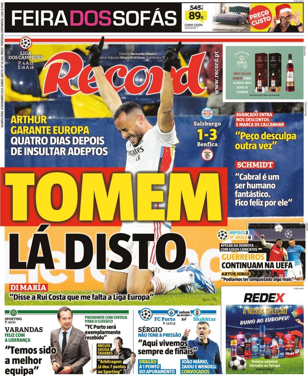 Record: Capa da Edi&ccedil;&atilde;o de quarta-feira, 13 de dezembro 2023