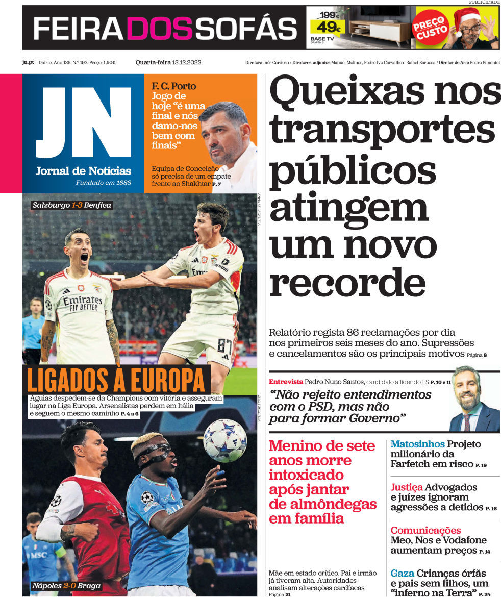 Jornal de Not&iacute;cias: Capa da Edi&ccedil;&atilde;o de quarta-feira, 13 de dezembro 2023