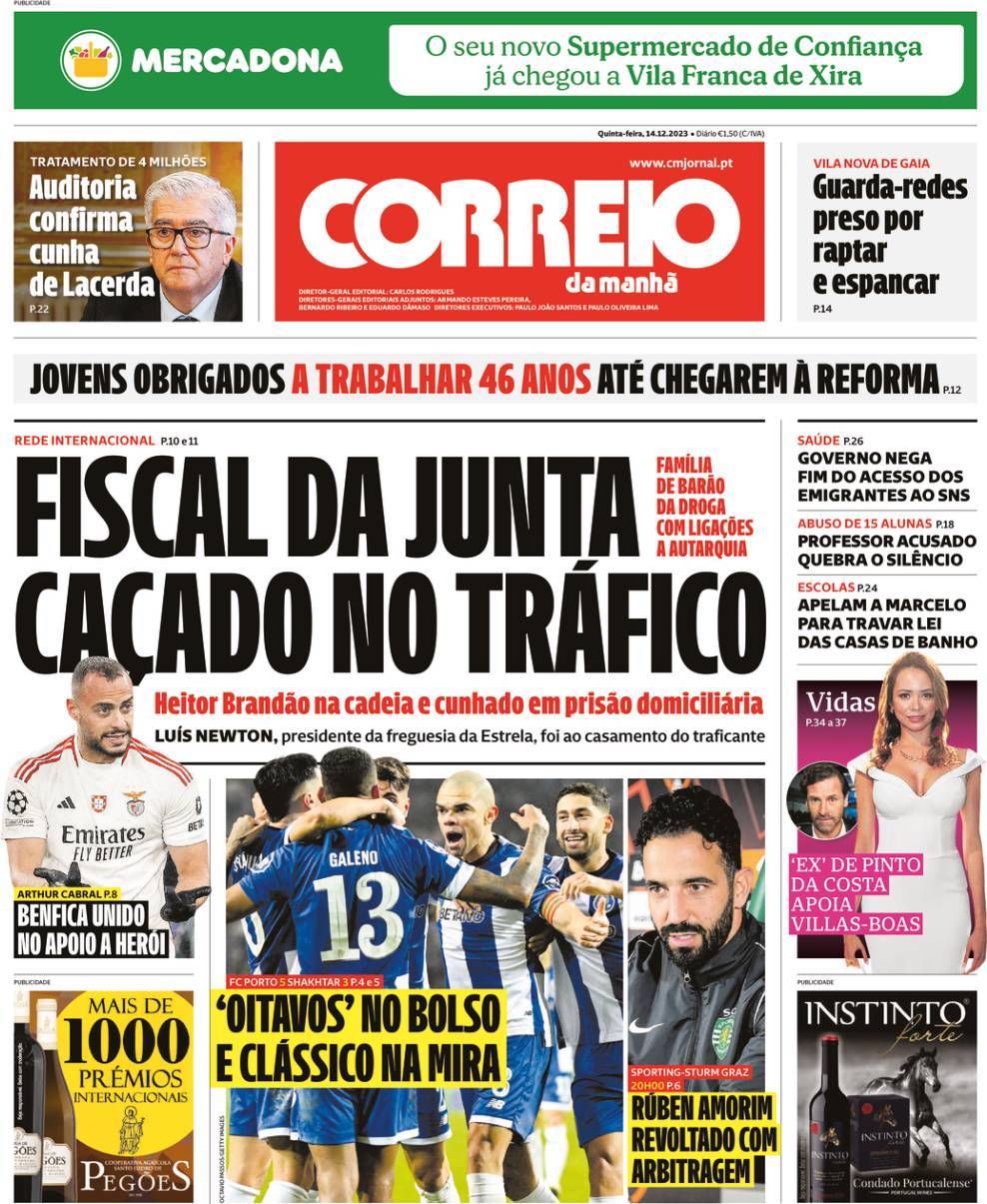 Correio da Manh&atilde;: Capa da Edi&ccedil;&atilde;o de quinta-feira, 14 de dezembro 2023