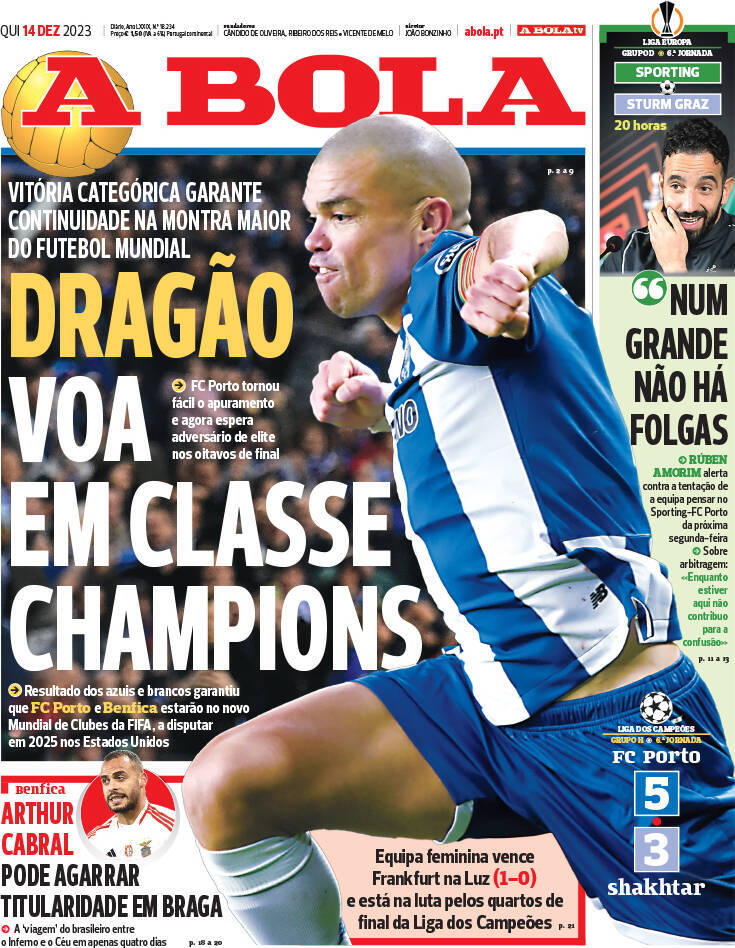 A Bola: Capa da Edi&ccedil;&atilde;o de quinta-feira, 14 de dezembro 2023