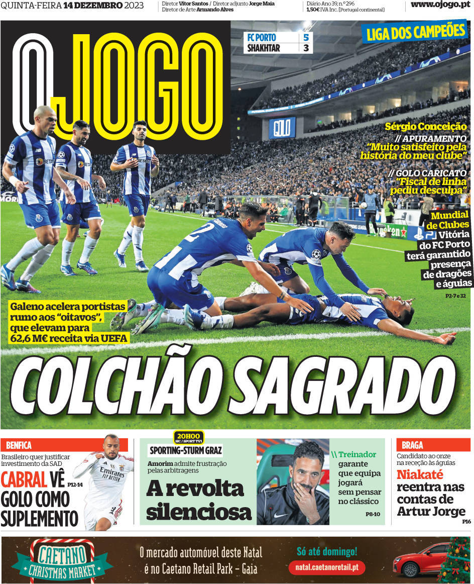 O Jogo: Capa da Edi&ccedil;&atilde;o de quinta-feira, 14 de dezembro 2023