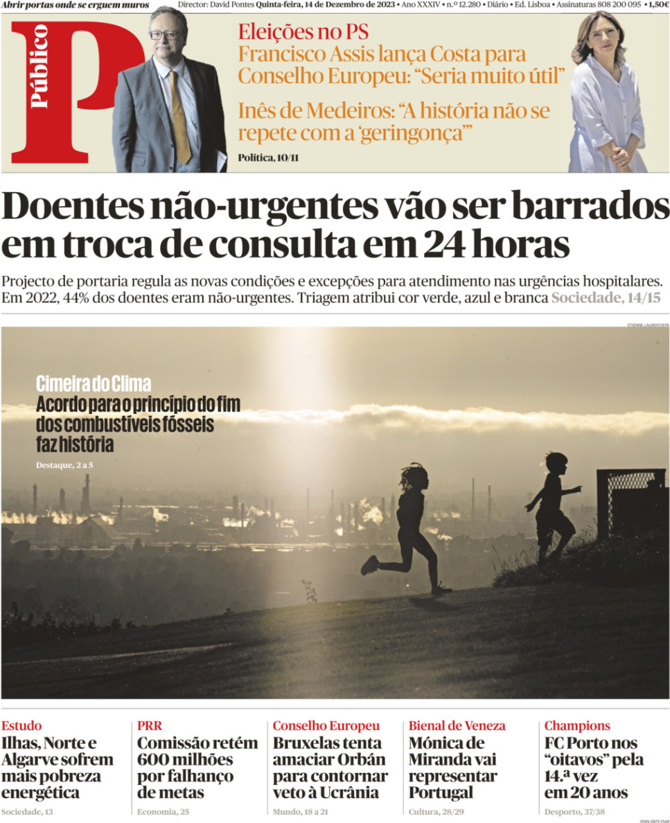 P&uacute;blico: Capa da Edi&ccedil;&atilde;o de quinta-feira, 14 de dezembro 2023