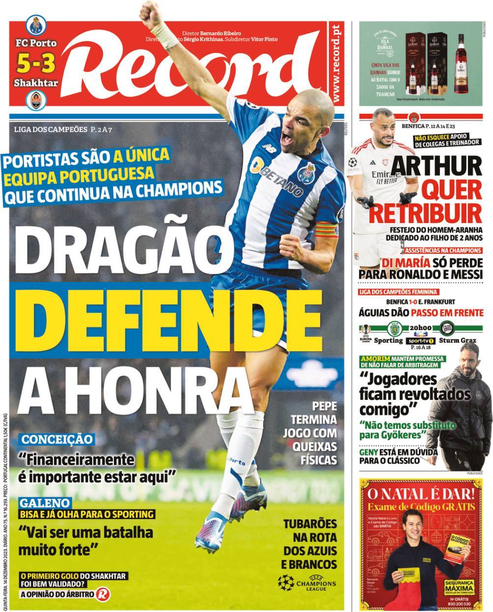 Record: Capa da Edi&ccedil;&atilde;o de quinta-feira, 14 de dezembro 2023