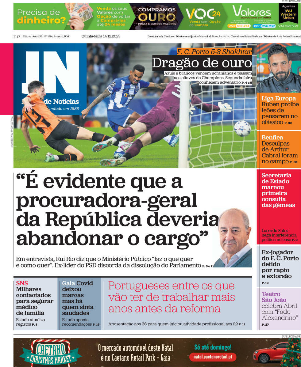 Jornal de Not&iacute;cias: Capa da Edi&ccedil;&atilde;o de quinta-feira, 14 de dezembro 2023