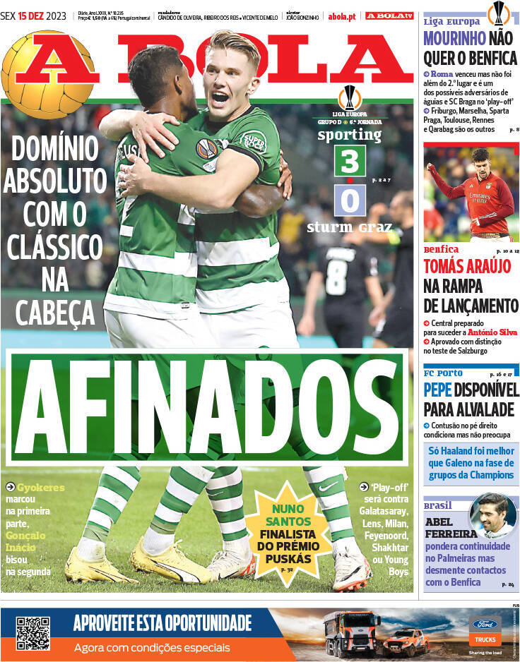 A Bola: Capa da Edi&ccedil;&atilde;o de sexta-feira, 15 de dezembro 2023