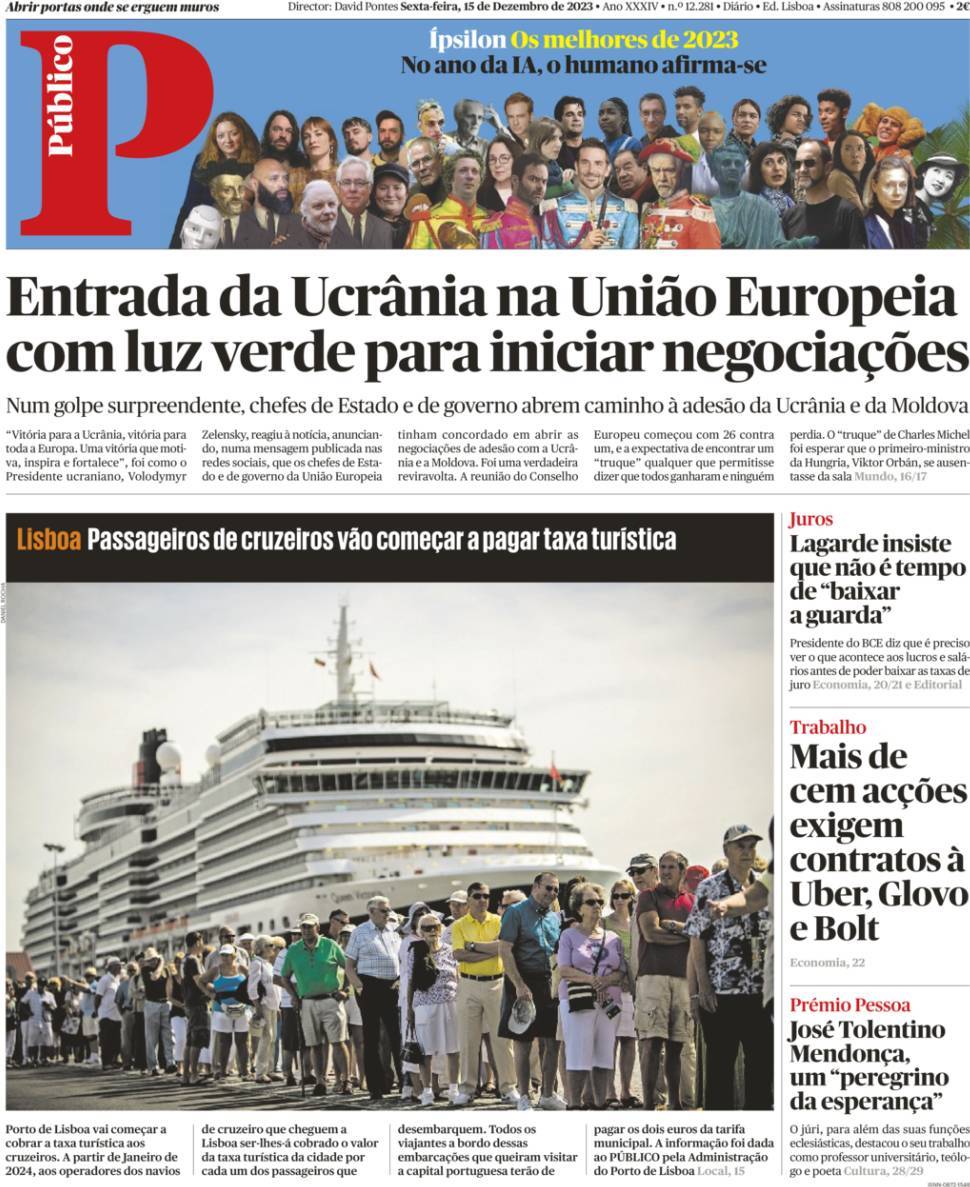 P&uacute;blico: Capa da Edi&ccedil;&atilde;o de sexta-feira, 15 de dezembro 2023