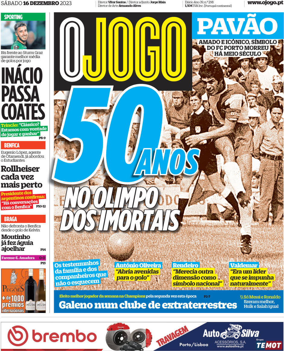 O Jogo: Capa da Edi&ccedil;&atilde;o de s&aacute;bado, 16 de dezembro 2023