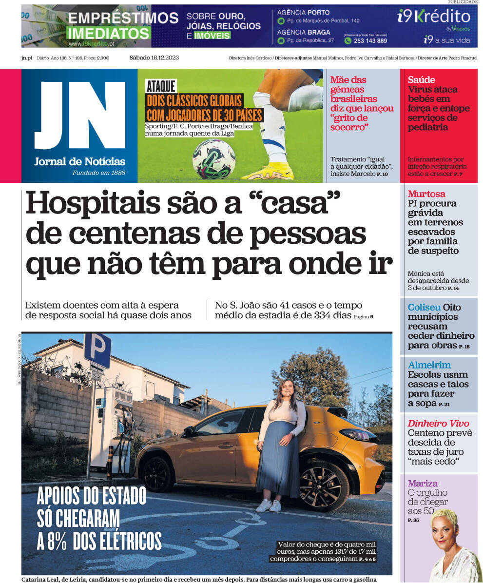 Jornal de Not&iacute;cias: Capa da Edi&ccedil;&atilde;o de s&aacute;bado, 16 de dezembro 2023