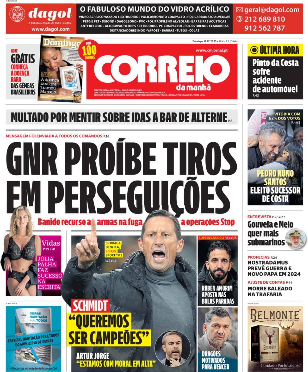 Correio da Manh&atilde;: Capa da Edi&ccedil;&atilde;o de domingo, 17 de dezembro 2023