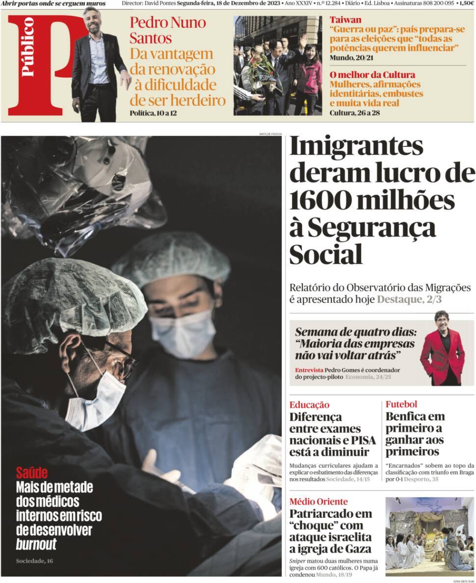 P&uacute;blico: Capa da Edi&ccedil;&atilde;o de segunda-feira, 18 de dezembro 2023