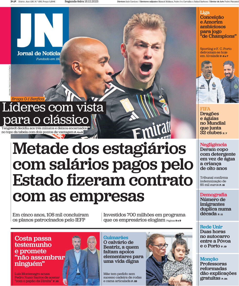 Jornal de Not&iacute;cias: Capa da Edi&ccedil;&atilde;o de segunda-feira, 18 de dezembro 2023