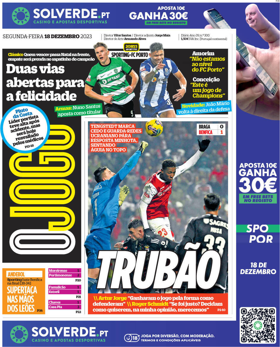 O Jogo: Capa da Edi&ccedil;&atilde;o de segunda-feira, 18 de dezembro 2023