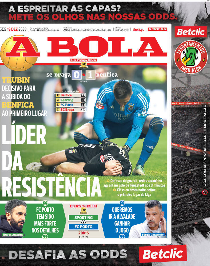 A Bola: Capa da Edi&ccedil;&atilde;o de segunda-feira, 18 de dezembro 2023