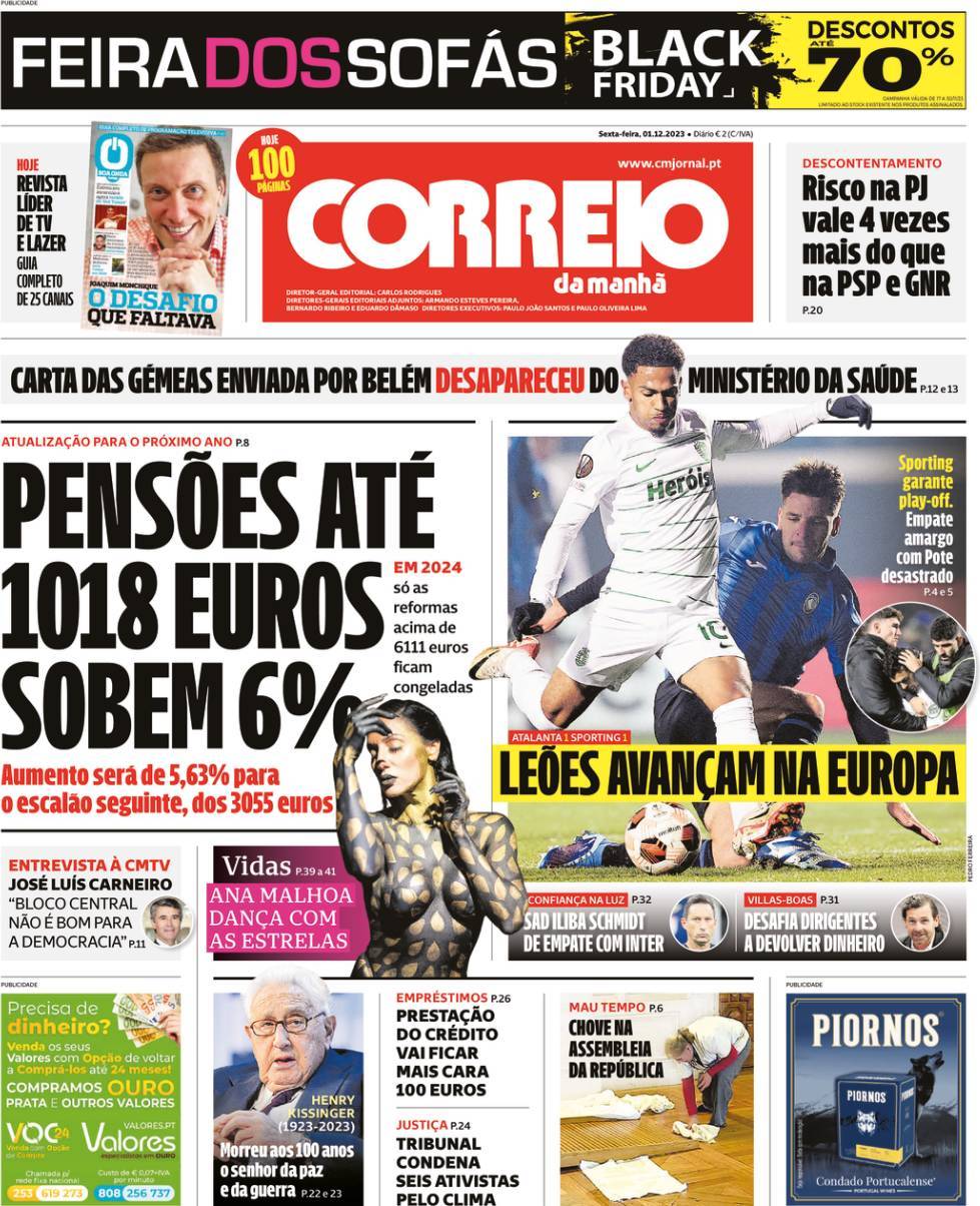 Correio da Manh&atilde;: Capa da Edi&ccedil;&atilde;o de sexta-feira, 01 de dezembro 2023