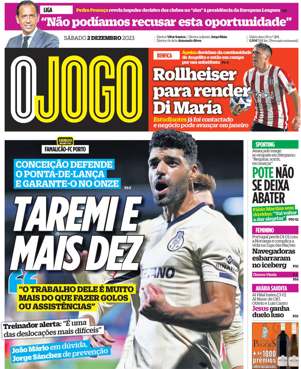 O Jogo: Capa da Edi&ccedil;&atilde;o de s&aacute;bado, 02 de dezembro 2023