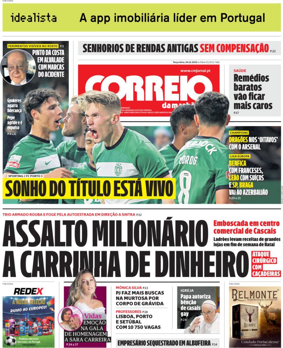 Correio da Manh&atilde;: Capa da Edi&ccedil;&atilde;o de ter&ccedil;a-feira, 19 de dezembro 2023