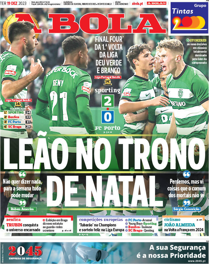 A Bola: Capa da Edi&ccedil;&atilde;o de ter&ccedil;a-feira, 19 de dezembro 2023