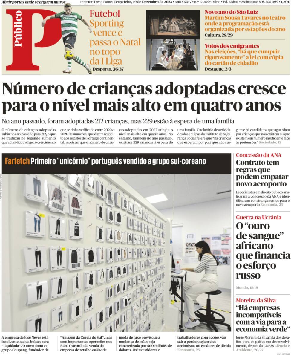 P&uacute;blico: Capa da Edi&ccedil;&atilde;o de ter&ccedil;a-feira, 19 de dezembro 2023