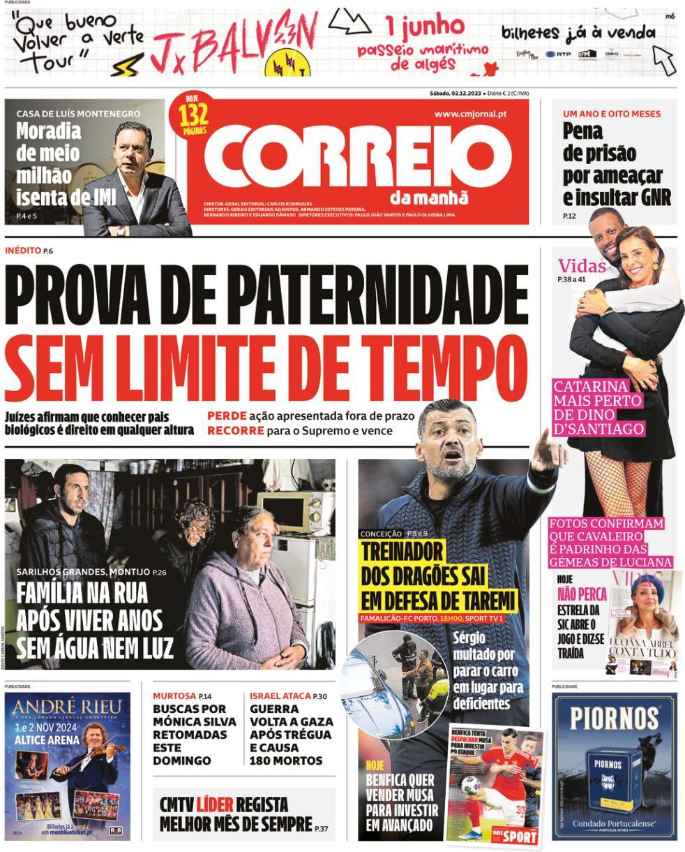 Correio da Manh&atilde;: Capa da Edi&ccedil;&atilde;o de s&aacute;bado, 02 de dezembro 2023